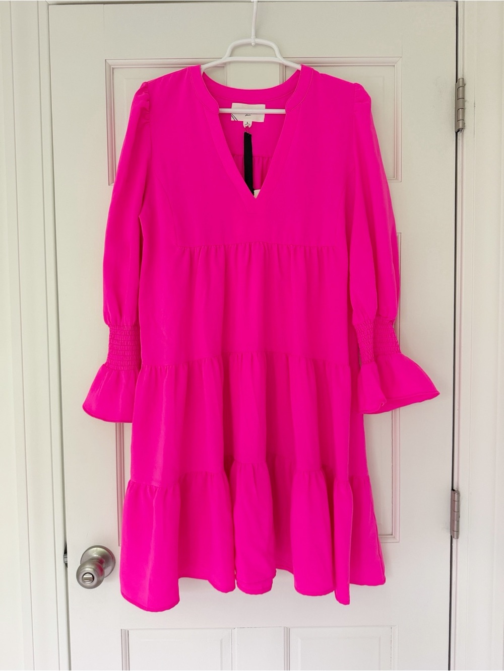 NWT TUCKERNUCK POMANDER PLACE mini dress size L electric pink smocked cuff